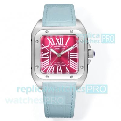Swiss Clone Cartier 2824 Movement Santos Cherry Red Dial 100th Anniversary Ladies Watch 35.6